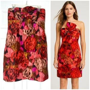 J.Crew Red Pink Watercolor Silk Strapless Bow Dress Size 8